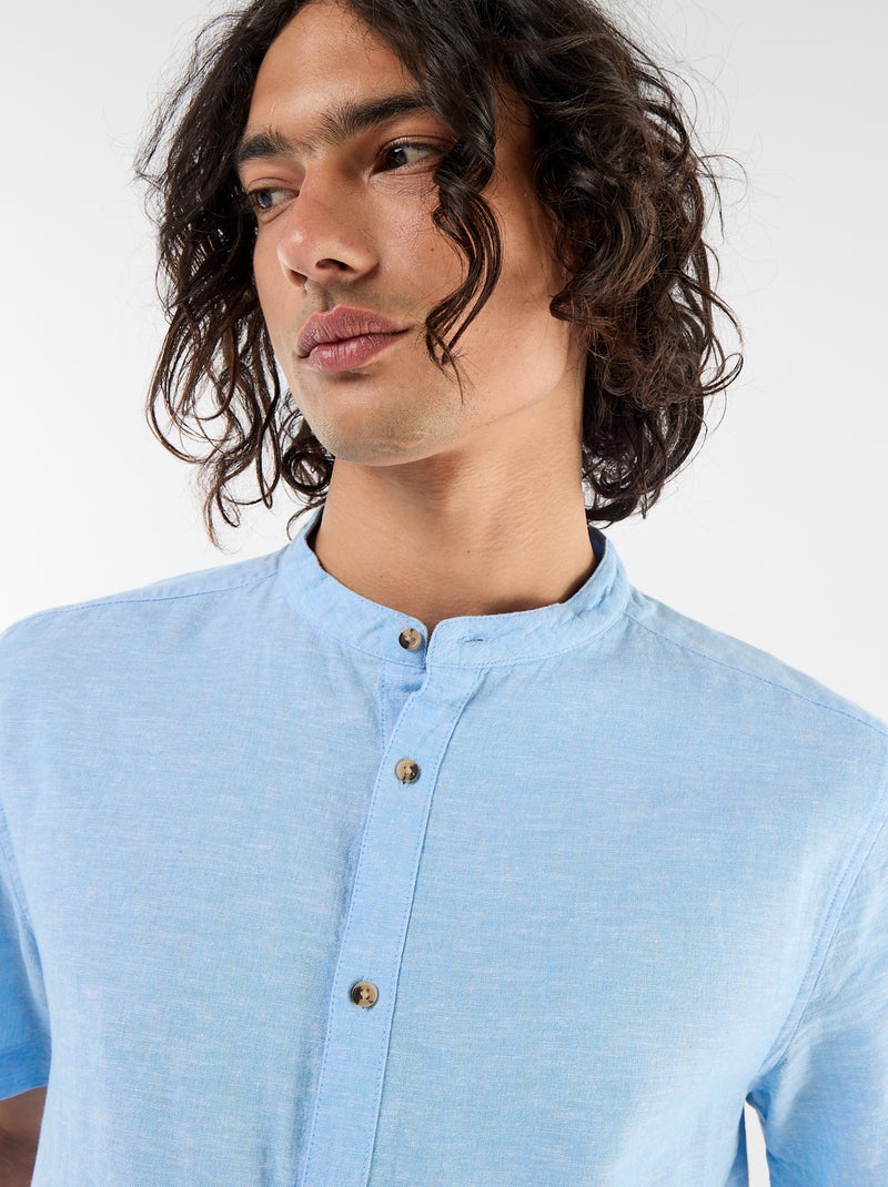 Effen overhemd met korte mouwen en mao kraag van gemengd linnen Blauw - Kiabi