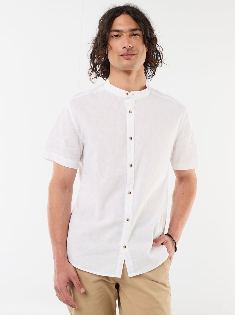 Effen overhemd met korte mouwen en mao kraag van gemengd linnen Wit - Kiabi