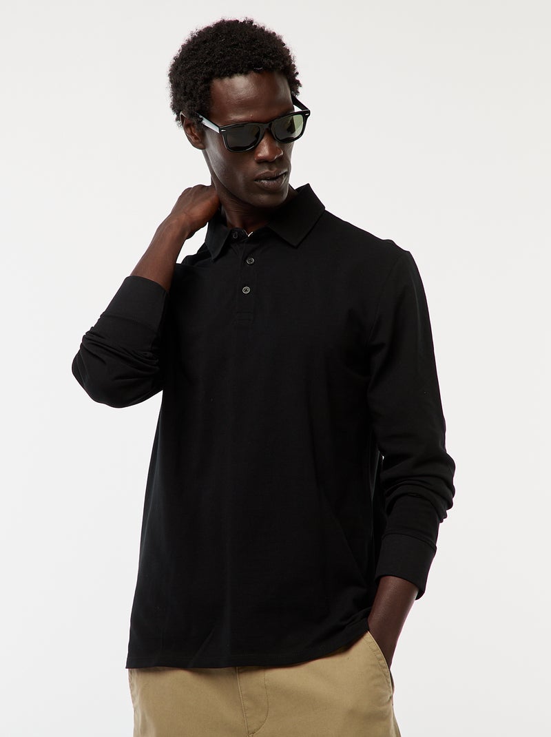 Effen polo van piquétricot met lange mouw zwart - Kiabi