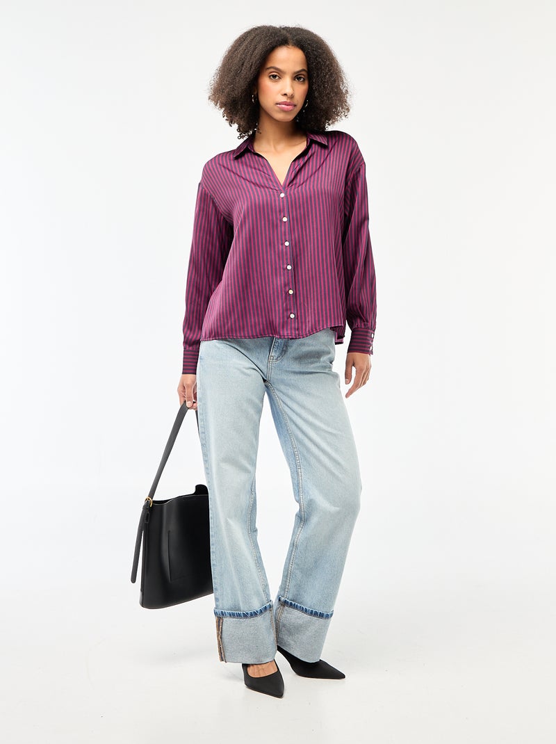 Effen satijnen blouse met lange mouwen Blauw - Kiabi