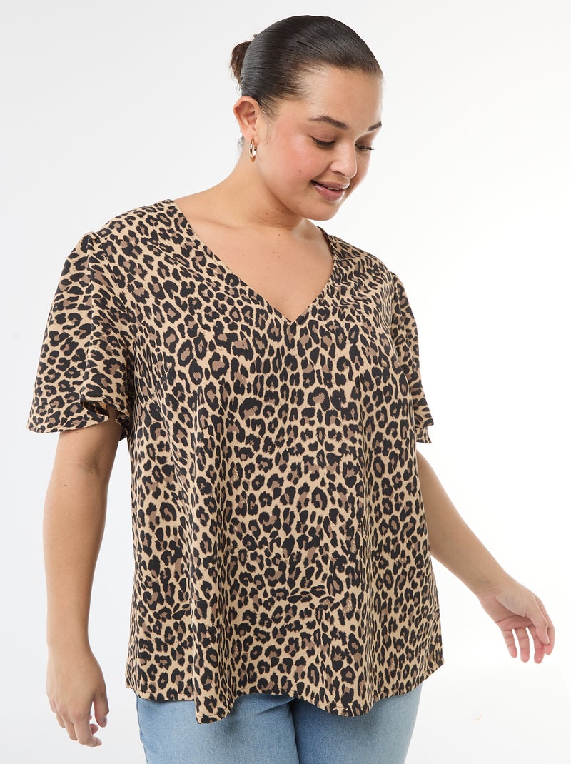 Effen, soepelvallende blouse met korte mouwen Biege - Kiabi