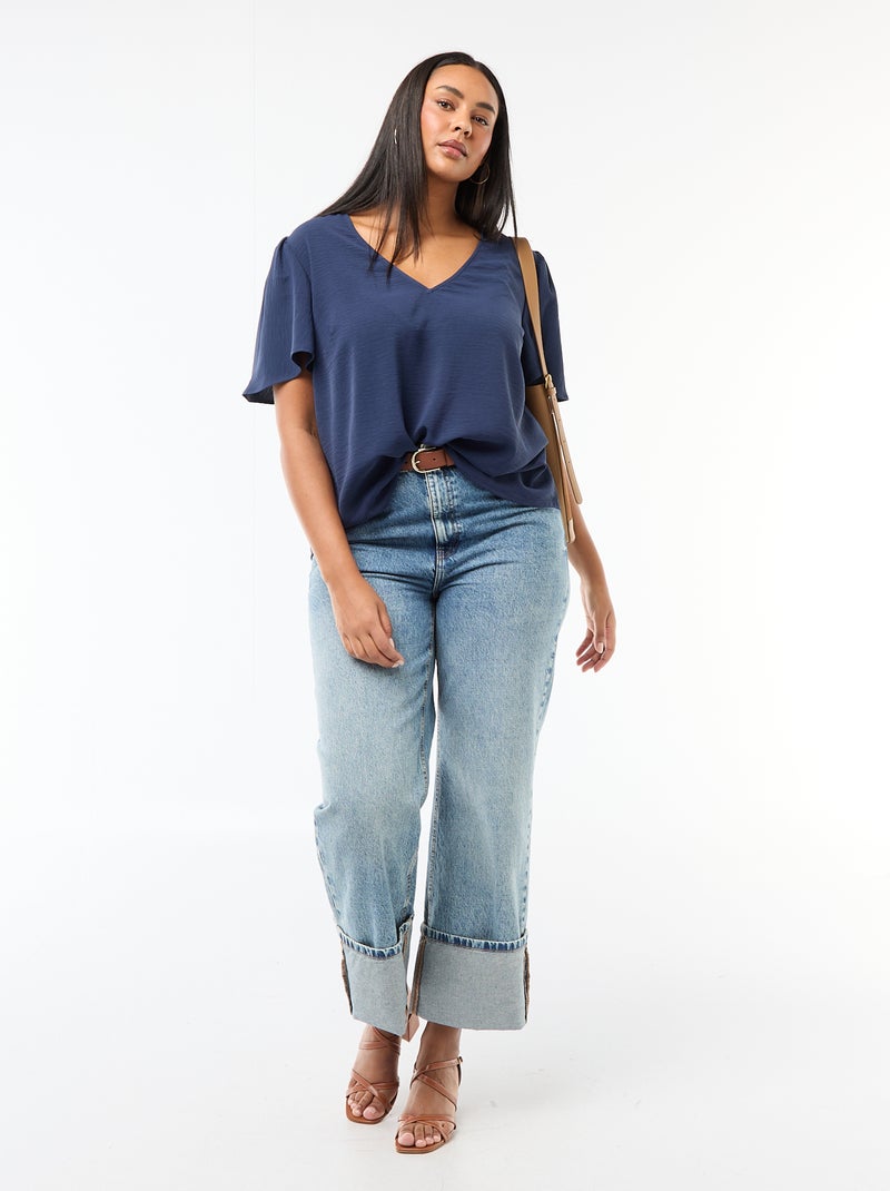Effen, soepelvallende blouse met korte mouwen Donkerblauw - Kiabi