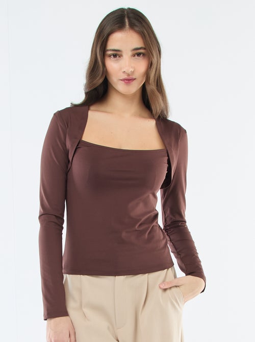 Effen stretch-T-shirt met lange mouwen en vierkante kraag - Kiabi