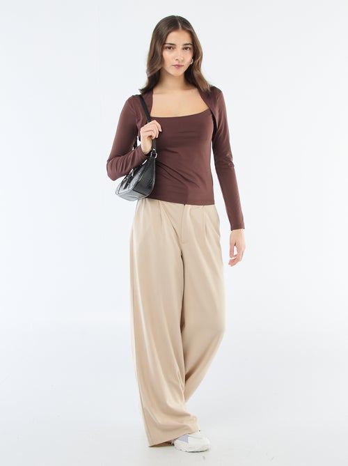 Effen stretch-T-shirt met lange mouwen en vierkante kraag - Kiabi