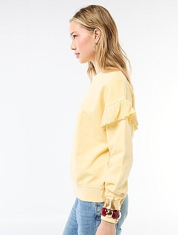 Effen sweater met volantjes van Engels borduurwerk op de mouwen