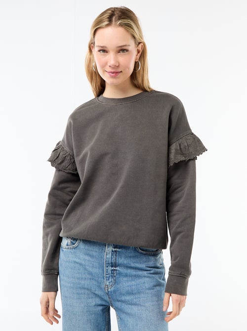 Effen sweater met volantjes van Engels borduurwerk op de mouwen - Kiabi