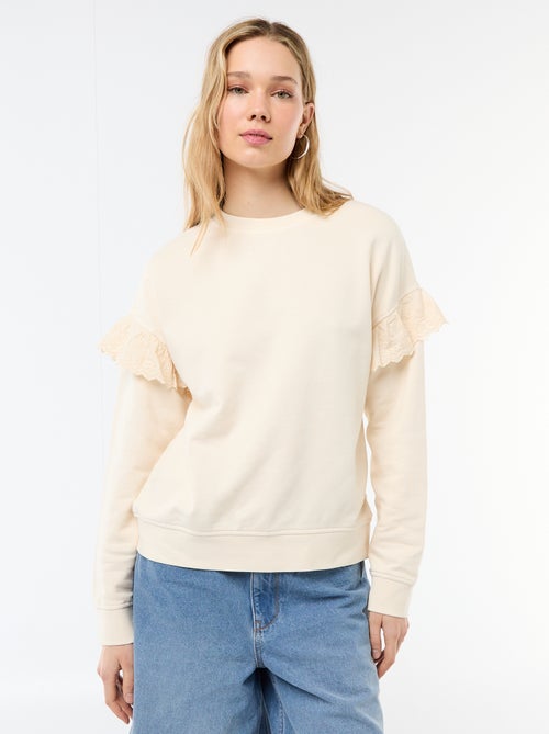 Effen sweater met volantjes van Engels borduurwerk op de mouwen - Kiabi