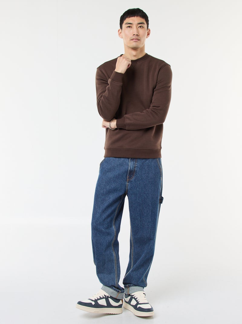 Effen sweater van geruwde fleece met ronde hals Bruin - Kiabi