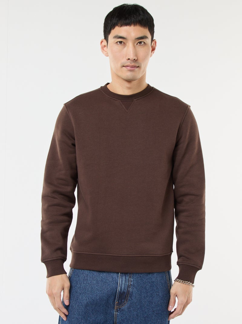 Effen sweater van geruwde fleece met ronde hals Bruin - Kiabi