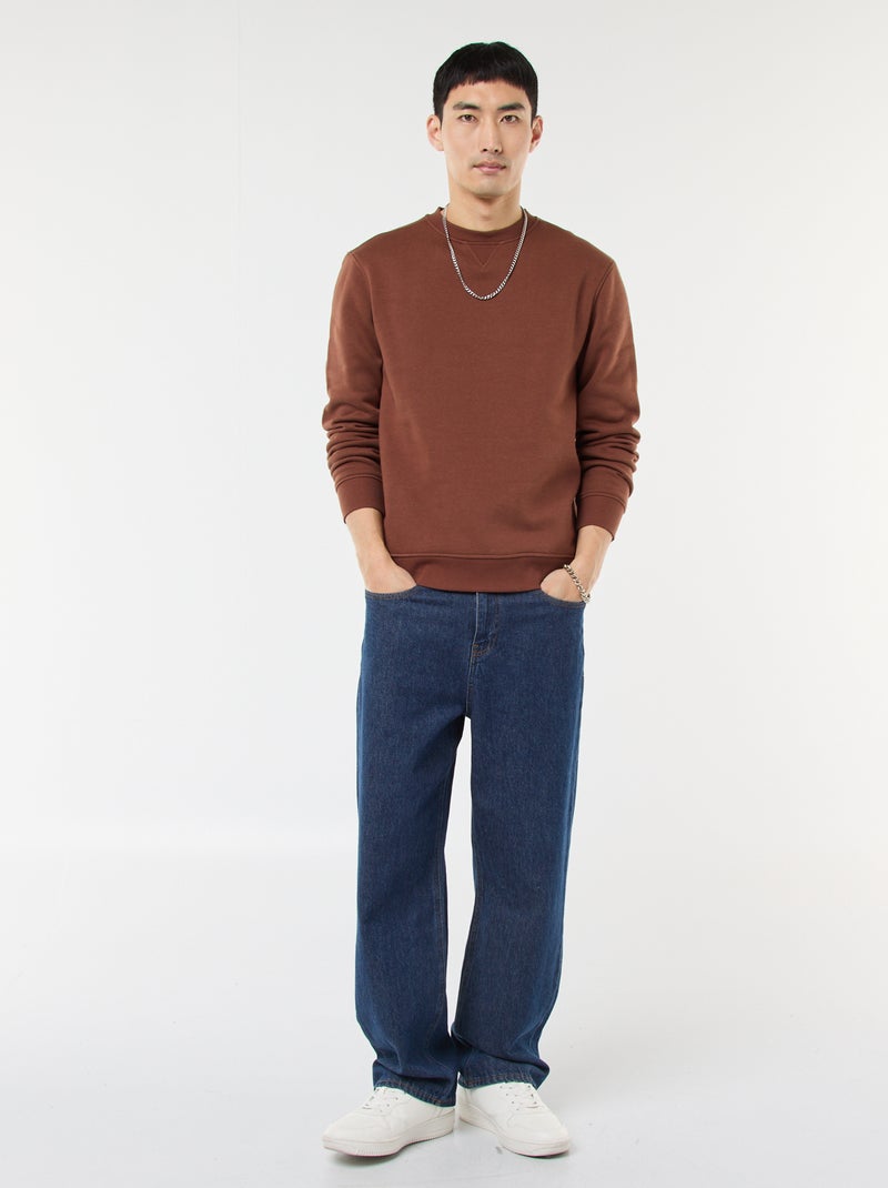 Effen sweater van geruwde fleece met ronde hals Bruin - Kiabi