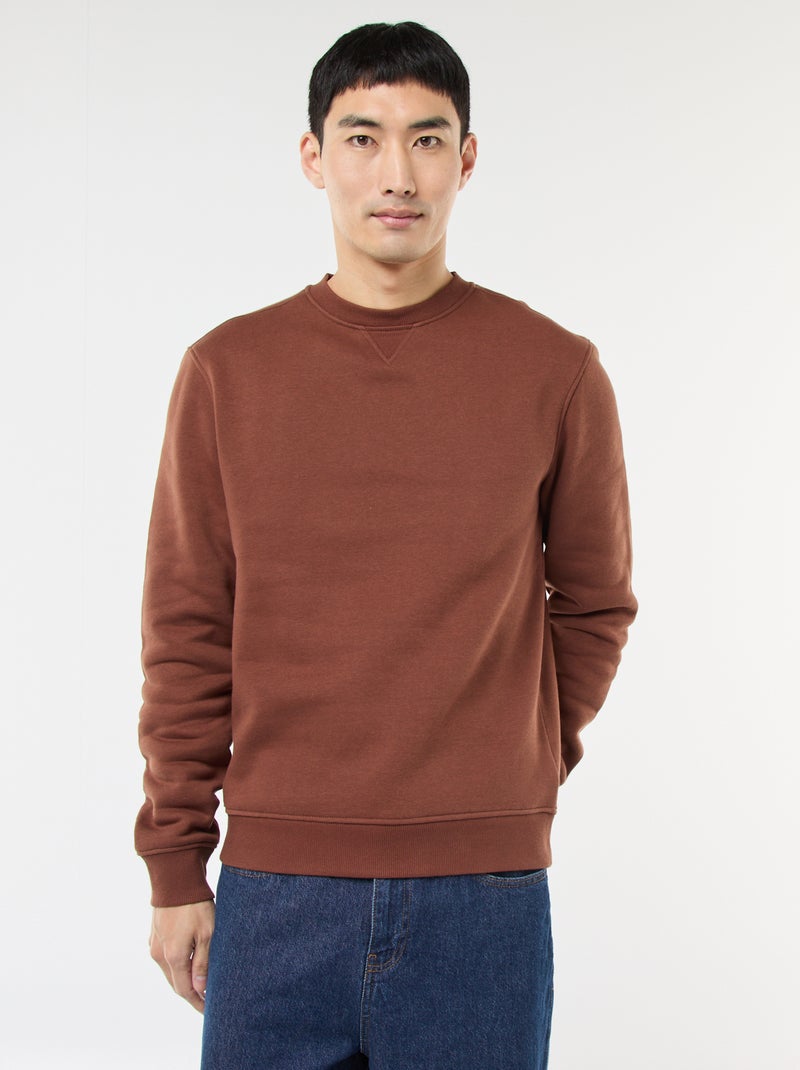 Effen sweater van geruwde fleece met ronde hals Bruin - Kiabi