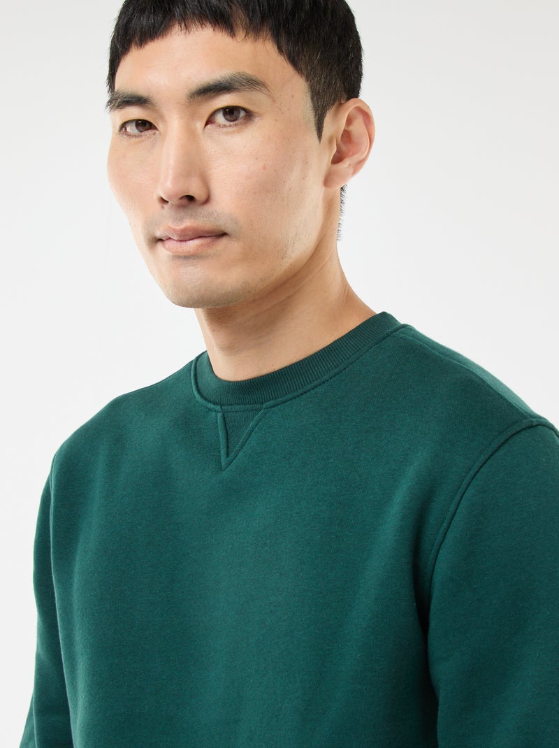 Effen sweater van geruwde fleece met ronde hals Groen - Kiabi