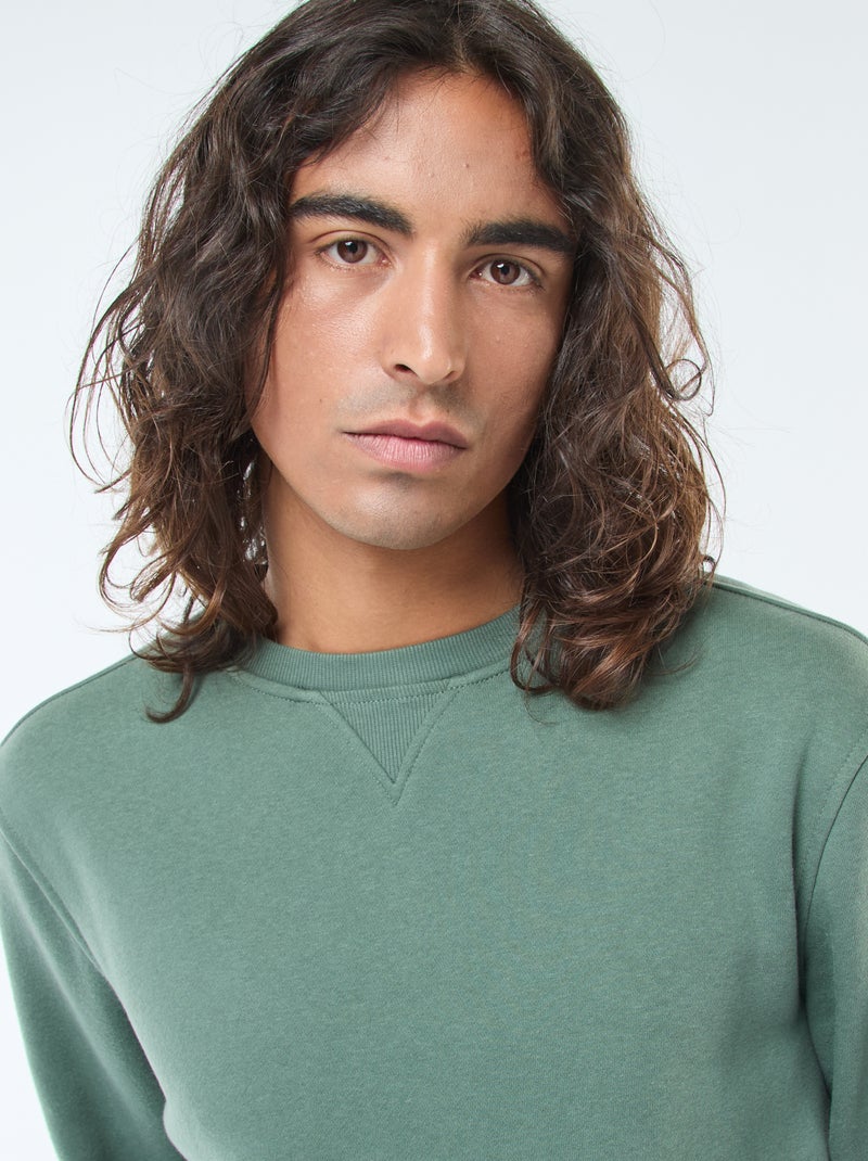 Effen sweater van geruwde fleece met ronde hals Groen - Kiabi