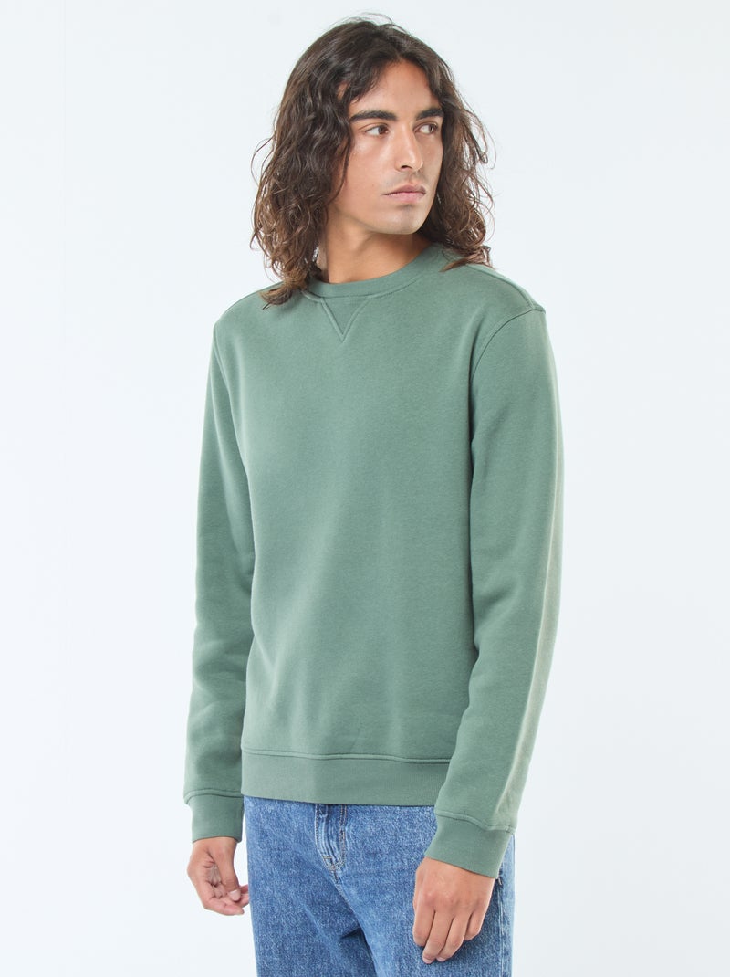 Effen sweater van geruwde fleece met ronde hals Groen - Kiabi