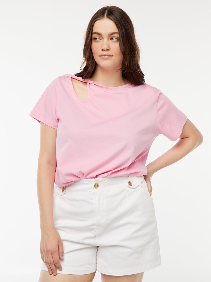 Effen T-shirt met ajoursplit en gedraaid effect Rose - Kiabi