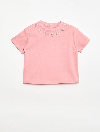 Effen T-shirt met fantasiebloemen aan de kraag