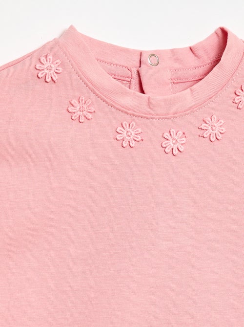 Effen T-shirt met fantasiebloemen aan de kraag - Kiabi