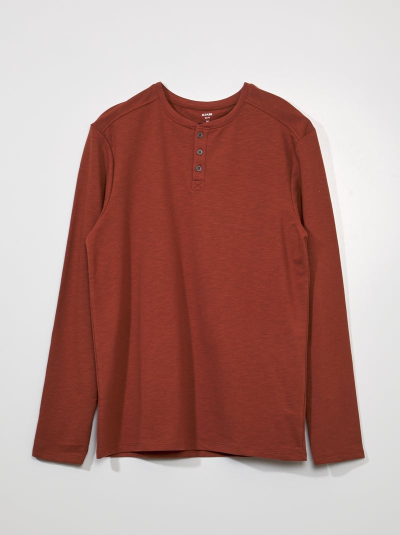 Effen T-shirt met henleykraag BRUIN - Kiabi
