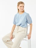 Effen T-shirt met korte mouw en Engels kant BLAUW - Kiabi