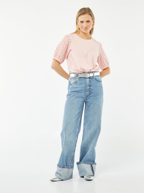 Effen T-shirt met korte mouw en Engels kant - Kiabi