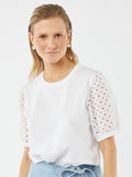 Effen T-shirt met korte mouw en Engels kant wit - Kiabi