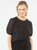 Effen T-shirt met korte mouw en Engels kant zwart - Kiabi