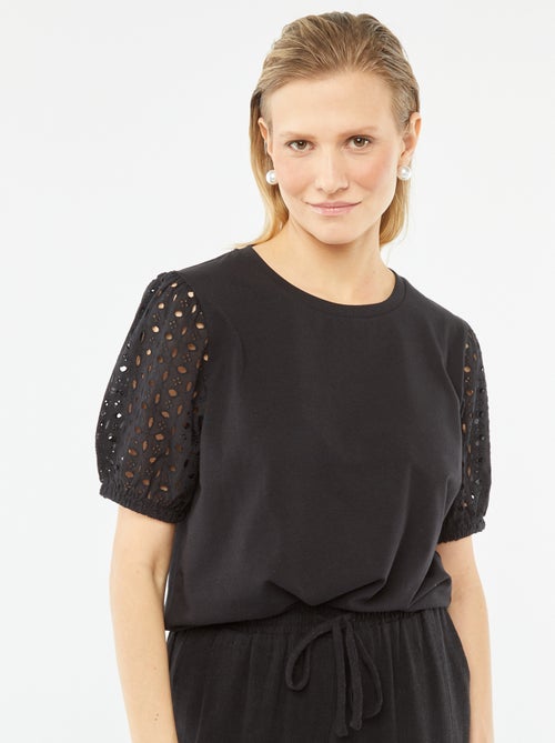Effen T-shirt met korte mouw en Engels kant - Kiabi