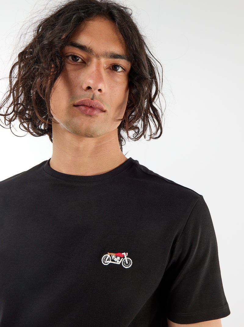 Effen T-shirt met korte mouwen en borduursel Zwart - Kiabi