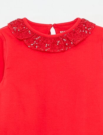 Effen T-shirt met lovertjes en ruches langs de hals