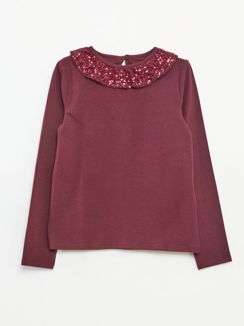 Effen T-shirt met lovertjes en ruches langs de hals - Kiabi