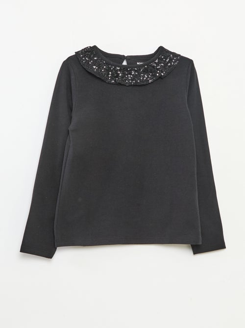 Effen T-shirt met lovertjes en ruches langs de hals - Kiabi