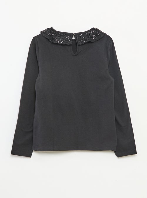 Effen T-shirt met lovertjes en ruches langs de hals - Kiabi