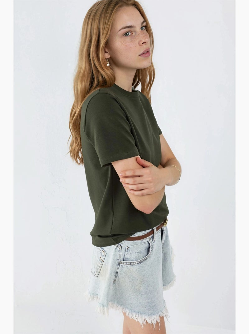 Effen t-shirt met ronde hals busem Kaki - Kiabi