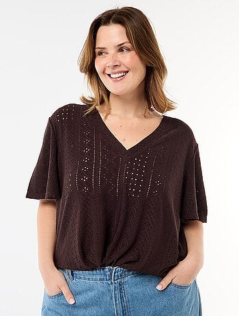 Effen T-shirt van ajourgebreide stof