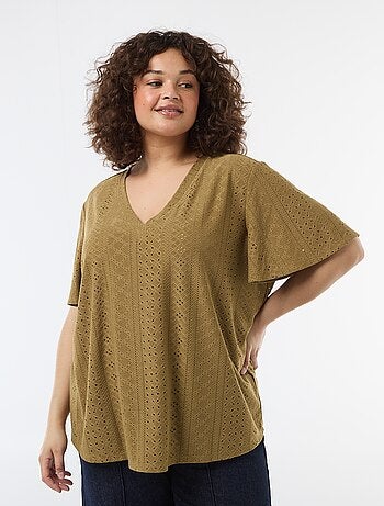 Effen T-shirt van ajourgebreide stof
