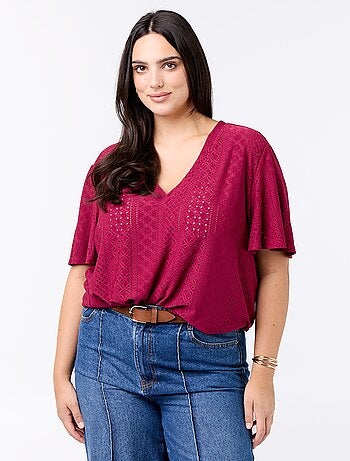 Effen T-shirt van ajourgebreide stof