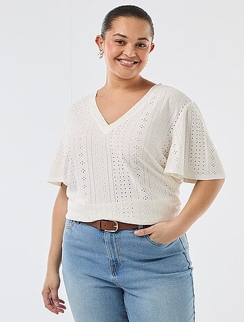 Effen T-shirt van ajourgebreide stof