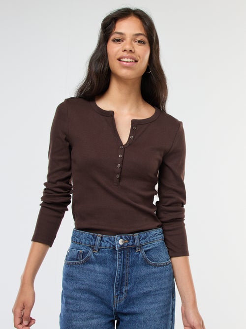 Effen T-shirt van ribstof met henleykraag - Kiabi