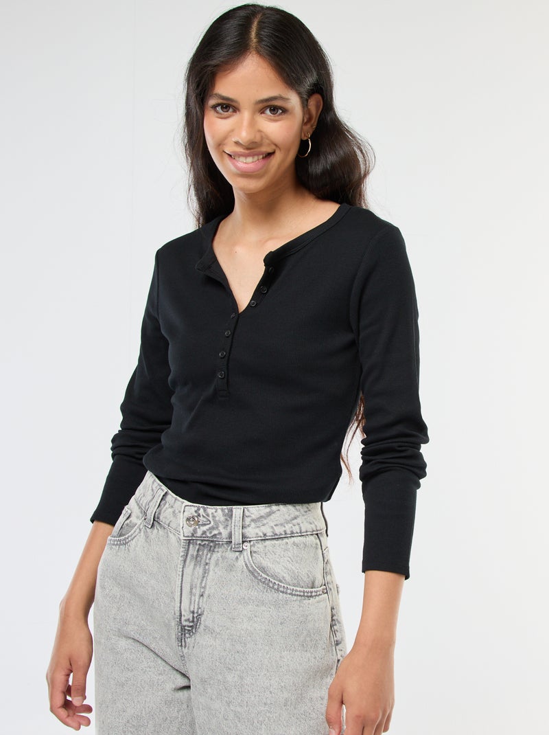 Effen T-shirt van ribstof met henleykraag zwart - Kiabi