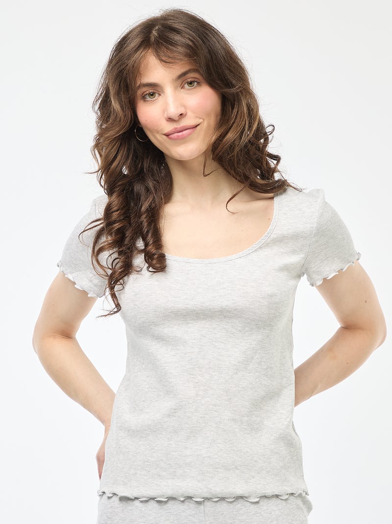Effen T-shirt van ribtricot met korte mouw Grijs - Kiabi