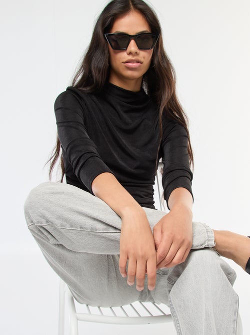 Effen T-shirt van soepelvallende stof met opstaande kraag - Kiabi