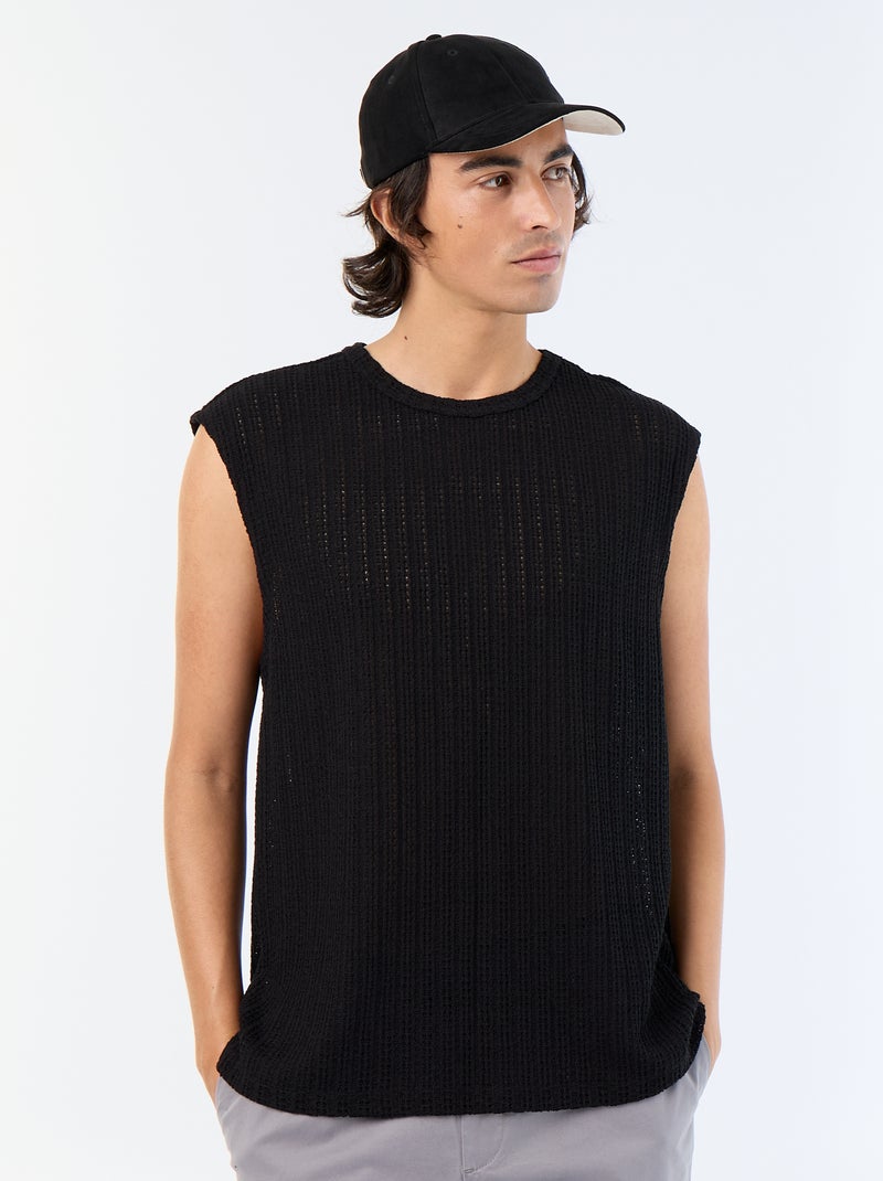 Effen tanktop van opengewerkte stof Zwart - Kiabi