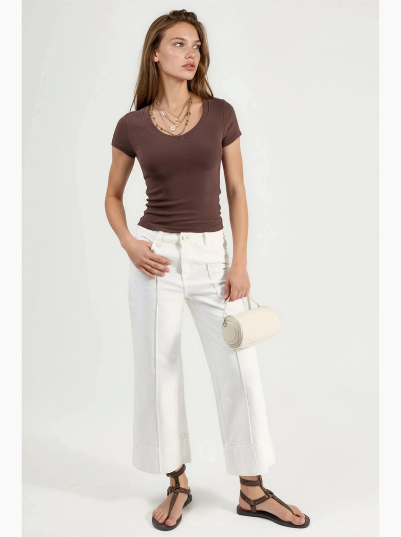 Elastische t-shirt met korte mouwen en v-hals busem Lichtbruin - Kiabi