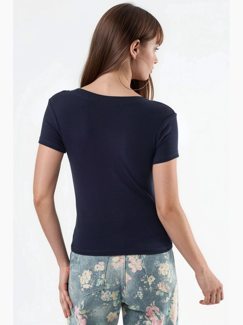 Elastische t-shirt met korte mouwen en v-hals busem Marineblauw - Kiabi