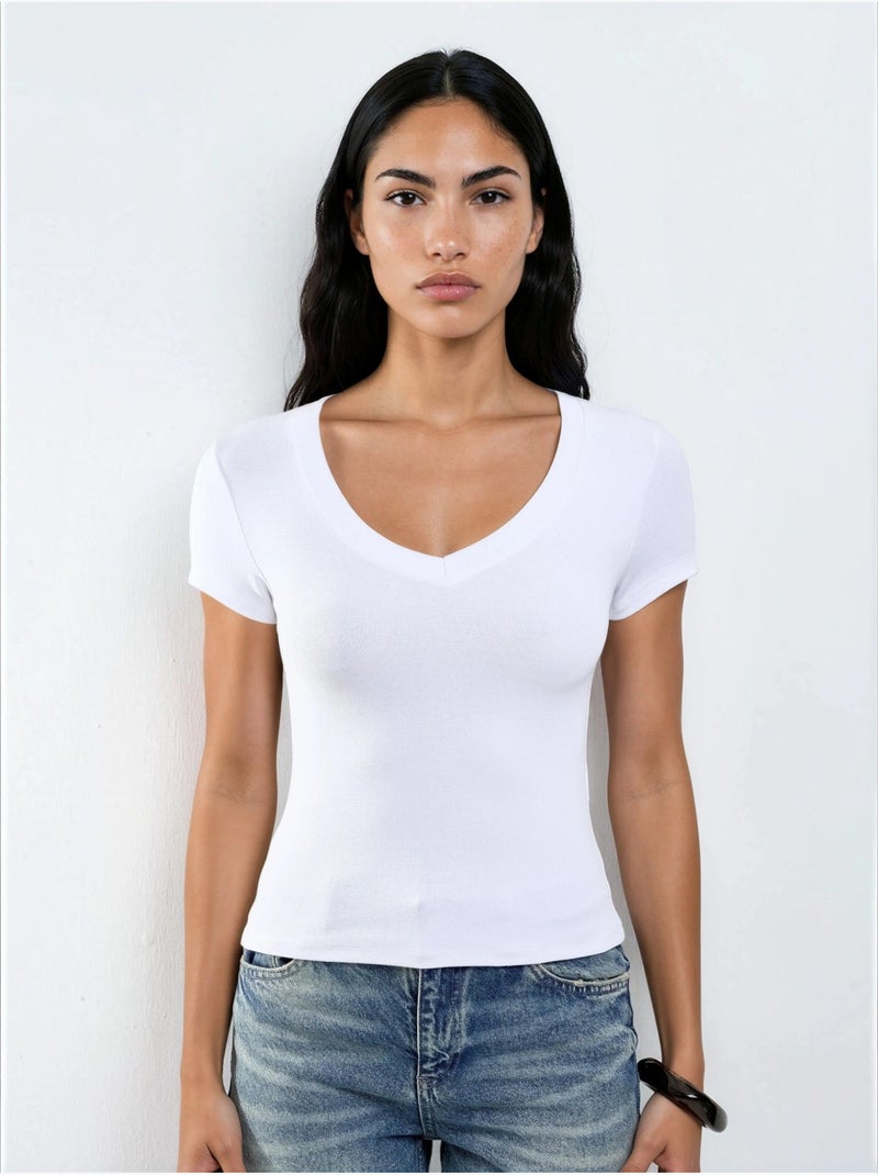 Elastische t-shirt met korte mouwen en v-hals busem Wit - Kiabi