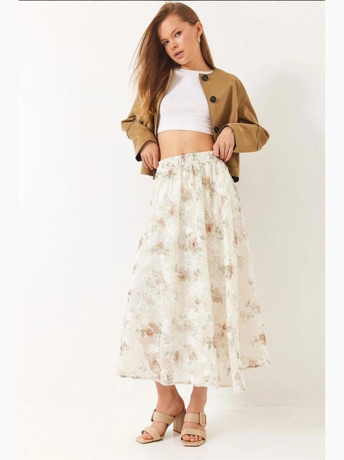 Elastische taille, bloemen geborduurde tule, gedetailleerde voering en uitlopende rok lucci - Kiabi