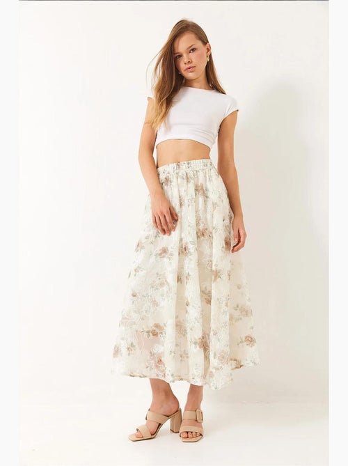 Elastische taille, bloemen geborduurde tule, gedetailleerde voering en uitlopende rok lucci - Kiabi
