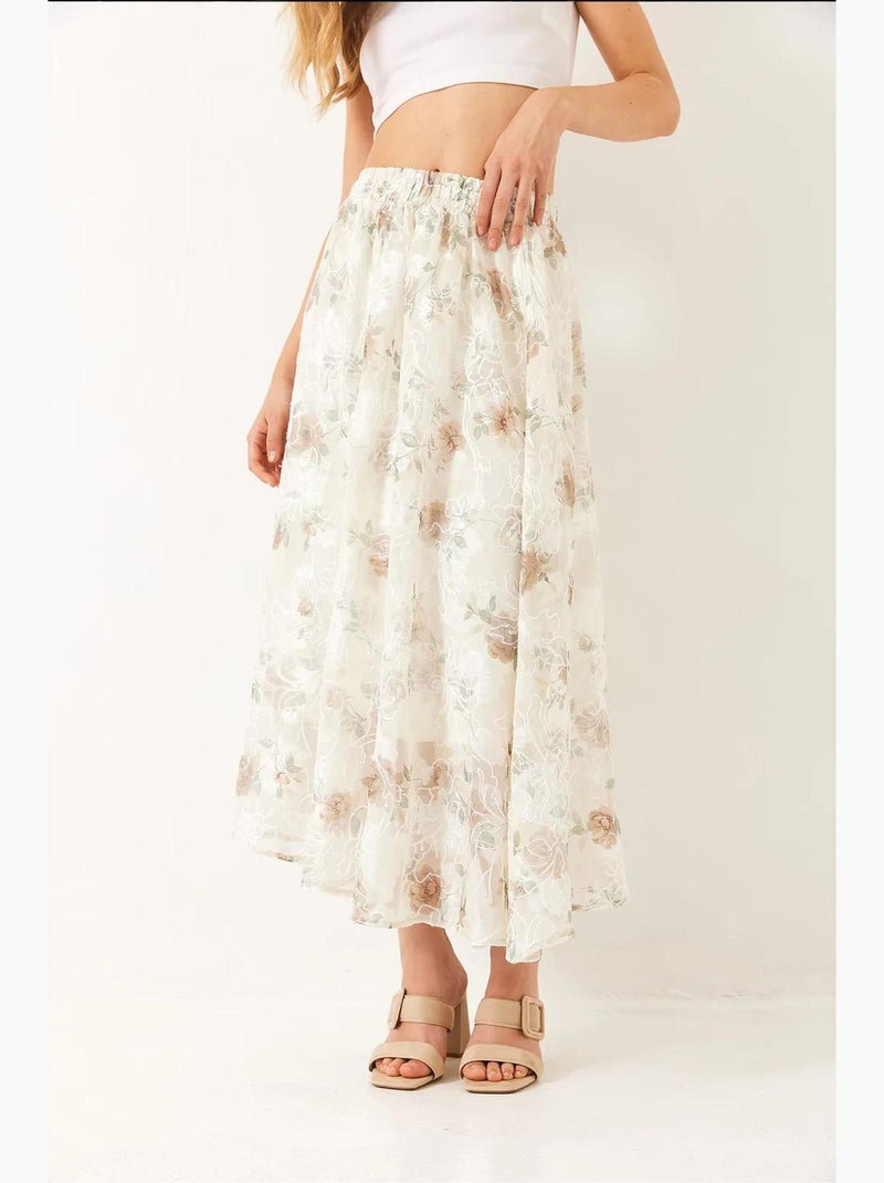 Elastische taille, bloemen geborduurde tule, gedetailleerde voering en uitlopende rok lucci Gebroken wit - Kiabi