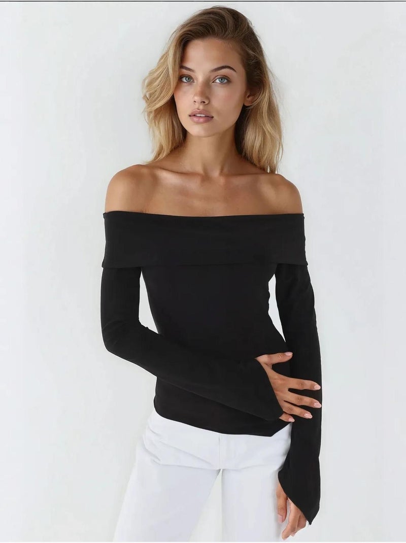 Elegante top met lange mouwen en boothals, slim fit hiccup Zwart - Kiabi