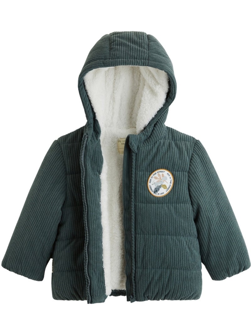 Elliott corduroy baby pufferjasje met sherpa voering en capuchon Groen - Kiabi